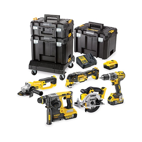 18V Voordeelset: Brushless Schroef-/klopboormachine, Brushless Slagschroevendraaier, Brushless SDS+ Combihamer, Haakse slijper, Cirkelzaag, Multitool, 3x TSTAK koffers, 1x TSTAK wagen